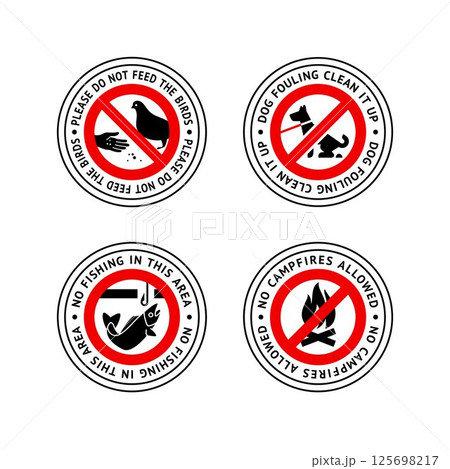 Prohibited label No dog fouling, No fishing, Do not feed birds, No campfires allowed, forbidding sticker set 125698217