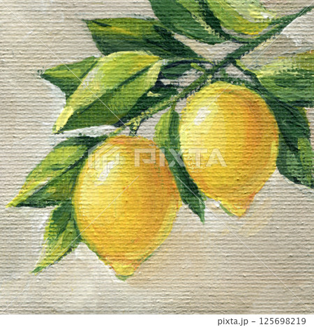Lemon art. Acrylic painting of yellow lemons on branch with green leaves, hand painted citrus fruit artwork on canvas 125698219
