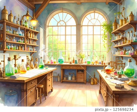 緑色の溶液が並ぶ実験室 125698234