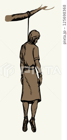 Vector drawing. Man hangs on a tree branch Vector drawing. Man hangs on a tree branch 125698368