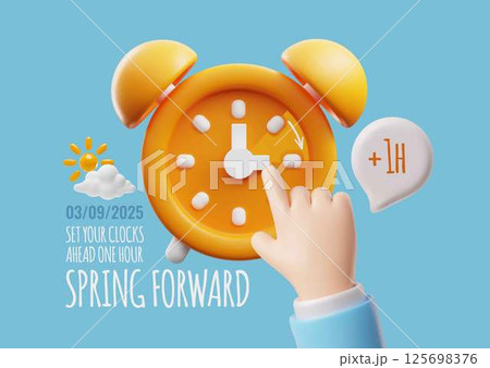Spring forward, set your clocks ahead one hour 3D cartoon vector poster design with hand finger set daylight saving time 125698376