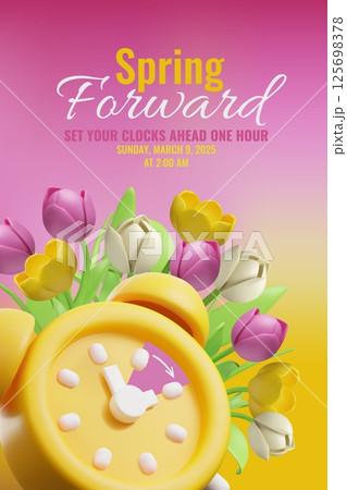 Vector 3D poster with alarm clock and flowers on yellow and red background. 125698378