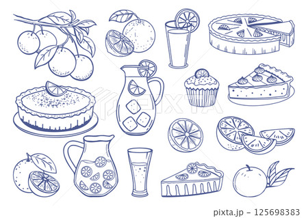 Set of hand drawn illustrations of oranges and orange desserts. Oranges, juice, orange pie, cake, cupcake. Hand drawn sketch illustration. Set of hand drawn illustrations of oranges and orange desserts. Oranges, juice, orange pie, cake, cupcake. Hand drawn sketch illustration. 125698383