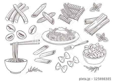 Minimalist hand drawn pasta set. Various Mediterranean spaghetti. Italian food illustrations for cafe or restaurant menu. Doodle sketch icons. Minimalist hand drawn pasta set. Various Mediterranean spaghetti. Italian food illustrations for cafe or restaurant menu. Doodle sketch icons. 125698385