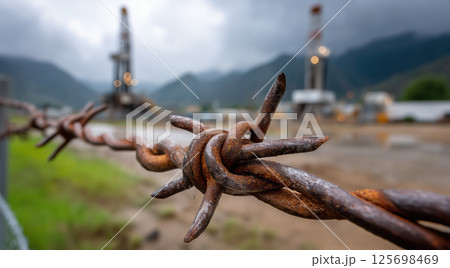 Rusty barbed wire on the background of oil refinery. Selective focus. Rusty barbed wire on the background of oil refinery. Selective focus. 125698469