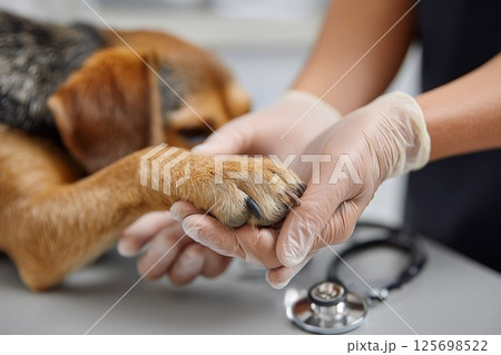 Veterinarian examining dog's paw in clinic, providing medical care Veterinarian examining dog's paw in clinic, providing medical care 125698522