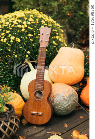 Ukulele guitar, autumn harvest and flowers 125698560
