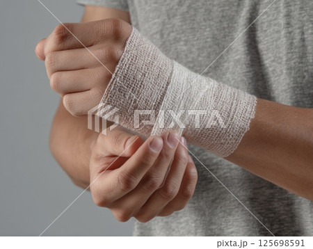 Man wrapping gauze bandage around injured wrist, applying first aid treatment 125698591