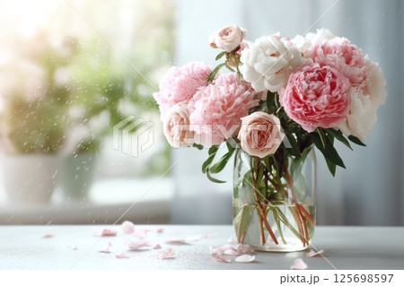 Bouquet of fresh pink and white peonies and roses being sprayed with water 125698597