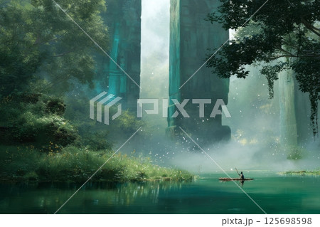 Fisherman navigating a mystical river towards ancient floating stone temples Fisherman navigating a mystical river towards ancient floating stone temples 125698598