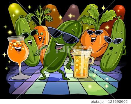 Cartoon vegetables wearing sunglasses are dancing on a disco dance floor with drinks, enjoying a vibrant nightlife scene 125698602