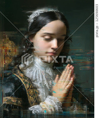 Classical woman portrait with digital glitch effect in renaissance style 125698603