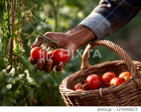 Farmer harvesting ripe tomatoes in a wicker basket 125698623