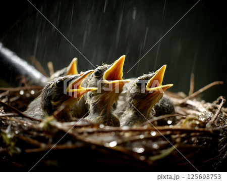 Hungry baby birds with open beaks in nest during rainfall Hungry baby birds with open beaks in nest during rainfall 125698753