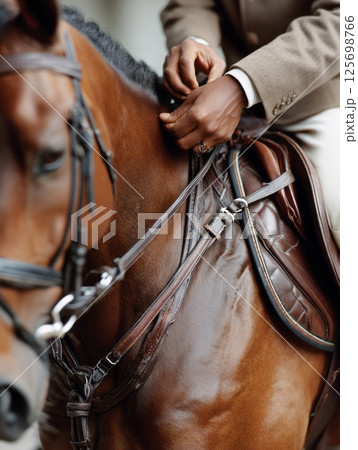 Close-up of horse with rider adjusting bridle and reins before riding 125698766