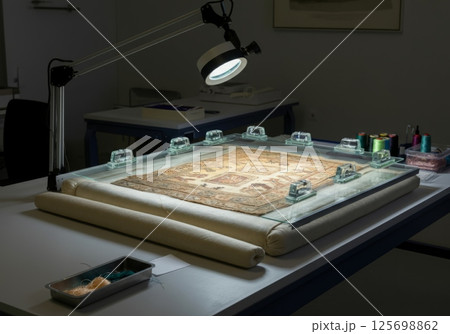 Restorer examining ancient rug under magnifying lamp in laboratory 125698862