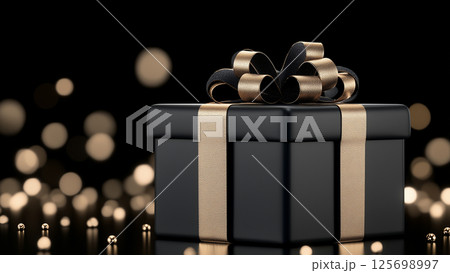 Elegant Black Gift Box with Gold Ribbon for Christmas Background Elegant Black Gift Box with Gold Ribbon for Christmas Background 125698997