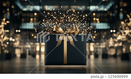 Elegant Black Gift Box with Gold Ribbon for Christmas Background Elegant Black Gift Box with Gold Ribbon for Christmas Background 125698999