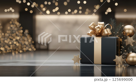 Elegant Black Gift Box with Gold Ribbon for Christmas Background Elegant Black Gift Box with Gold Ribbon for Christmas Background 125699000