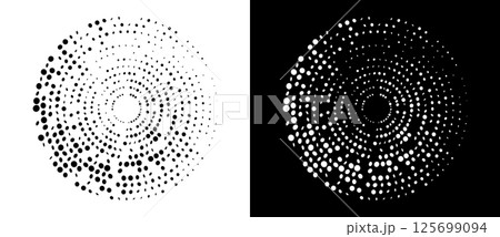 Modern abstract background. Halftone dots in circle form. Round logo. Vector dotted frame. Design element or icon. Black shape on a white background and the same white shape on the black side. 125699094
