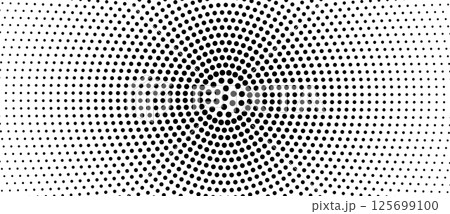 Halftone round as icon or background. Sun concept. Abstract vector circle frame with dots as logo or emblem. White dots on a black background. 125699100
