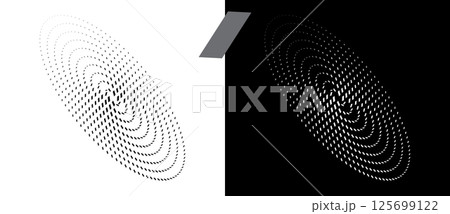 Abstract background vector circle with perspective.  Halftone quadrangles in oval. Round logo, design element or icon. Black shape on a white background and the same white shape on the black side. 125699122