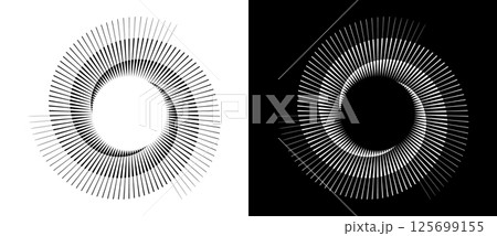 Spiral with lines in circle. 3 segments. Abstract geometric art line background, logo, icon, design element. A black figure on a white background and an equally white figure on the black side. Spiral with lines in circle. 3 segments. Abstract geometric art line background, logo, icon, design element. A black figure on a white background and an equally white figure on the black side. 125699155