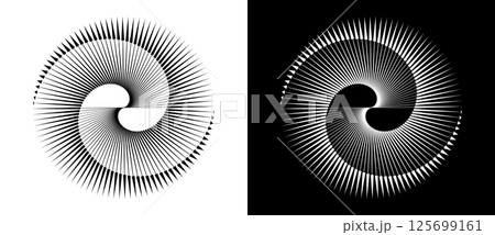 Spiral with lines as dynamic abstract vector background or logo or icon. Yin and Yang symbol. Black spiral on white background and white spiral on black background. 125699161