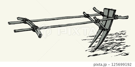 Vector drawing. Old wooden plow 125699192