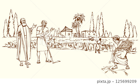 Vector drawing. Ruth and Boaz in the field Vector drawing. Ruth and Boaz in the field 125699209