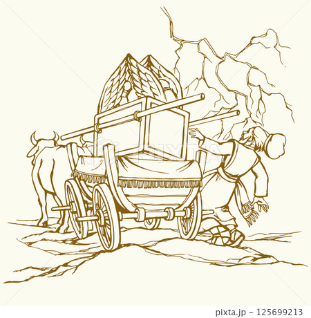 Vector drawing. The ark of the covenant being transported on a wooden cart pulled by two oxens Vector drawing. The ark of the covenant being transported on a wooden cart pulled by two oxens 125699213