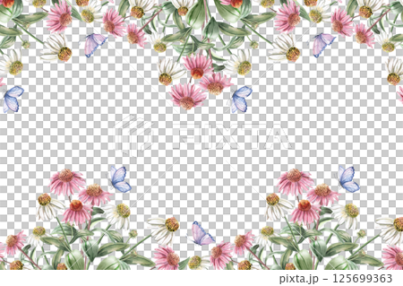 Rectangular frame with a bouquet of echinacea and a butterfly. Isolated watercolor illustration of bouquets for the design of packaging of cosmetic products, sweets, printing on clothes. Rectangular frame with a bouquet of echinacea and a butterfly. Isolated watercolor illustration of bouquets for the design of packaging of cosmetic products, sweets, printing on clothes. 125699363