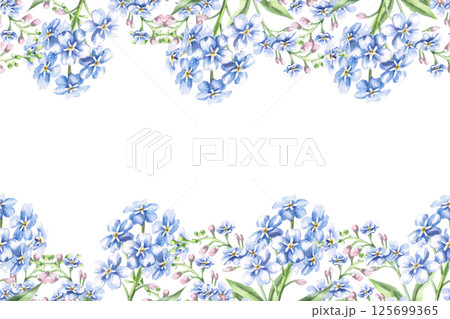 Rectangular frame with forget-me-not flowers. Isolated watercolor illustration of bouquets for design of packaging of cosmetic products, candies, printing on clothes Rectangular frame with forget-me-not flowers. Isolated watercolor illustration of bouquets for design of packaging of cosmetic products, candies, printing on clothes 125699365