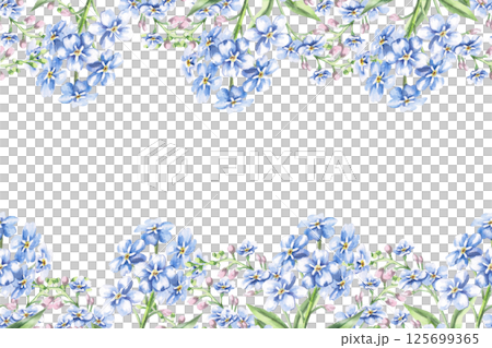 Rectangular frame with forget-me-not flowers. Isolated watercolor illustration of bouquets for design of packaging of cosmetic products, candies, printing on clothes Rectangular frame with forget-me-not flowers. Isolated watercolor illustration of bouquets for design of packaging of cosmetic products, candies, printing on clothes 125699365
