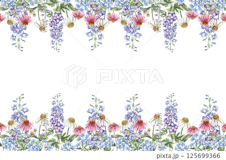 Rectangular frame with flowers of echinacea, forget-me-not and delphinium. Isolated watercolor illustration of bouquets for design of packaging of cosmetic products, candies, printing on clothes 125699366