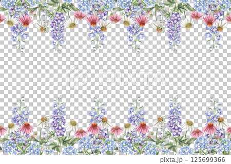 Rectangular frame with flowers of echinacea, forget-me-not and delphinium. Isolated watercolor illustration of bouquets for design of packaging of cosmetic products, candies, printing on clothes Rectangular frame with flowers of echinacea, forget-me-not and delphinium. Isolated watercolor illustration of bouquets for design of packaging of cosmetic products, candies, printing on clothes 125699366