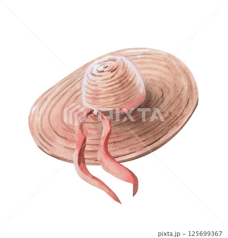 Summer women's straw hat with a pink ribbon. Isolated watercolor illustration on the theme of recreation for the design of shops, tourist sites, magazines. 125699367