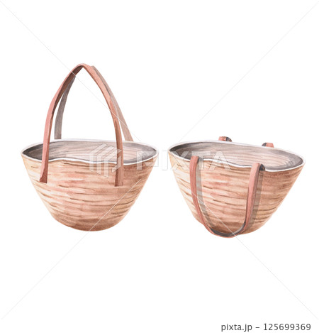 Set of two beach bags with lowered and raised handles. Isolated watercolor illustration on the theme of rest for the design of shops, tourist sites, magazines. 125699369
