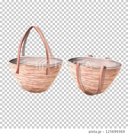 Set of two beach bags with lowered and raised handles. Isolated watercolor illustration on the theme of rest for the design of shops, tourist sites, magazines. 125699369