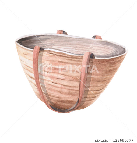 Beach bag with lowered handles Isolated watercolor illustration on the theme of rest for the design of shops, tourist sites, magazines. Beach bag with lowered handles Isolated watercolor illustration on the theme of rest for the design of shops, tourist sites, magazines. 125699377