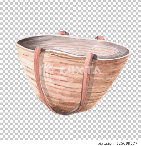 Beach bag with lowered handles Isolated watercolor illustration on the theme of rest for the design of shops, tourist sites, magazines. Beach bag with lowered handles Isolated watercolor illustration on the theme of rest for the design of shops, tourist sites, magazines. 125699377