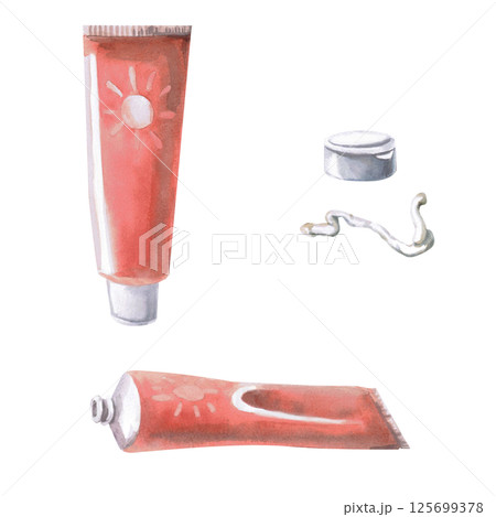 Set of open and closed tubes of cream with a lid. Isolated watercolor illustration for poster design on the theme of seaside recreation, travel sites, printing on posters. 125699378
