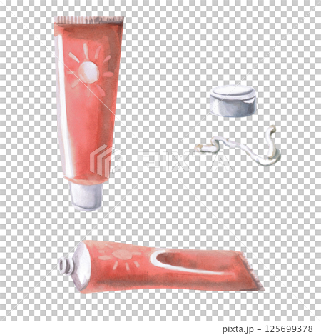 Set of open and closed tubes of cream with a lid. Isolated watercolor illustration for poster design on the theme of seaside recreation, travel sites, printing on posters. 125699378