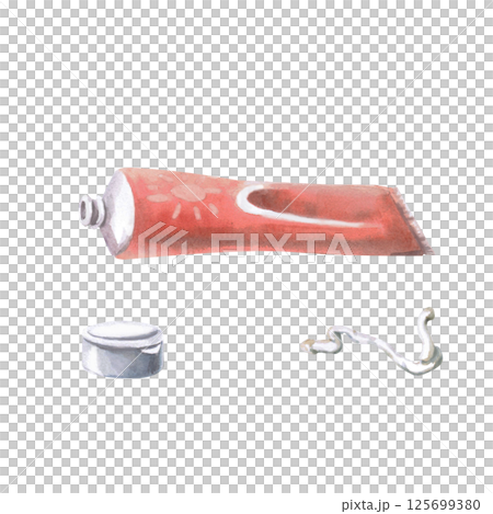 Open tube with squeezed out sunscreen and cap. Isolated watercolor illustration for seaside holiday posters, travel websites, poster printing Open tube with squeezed out sunscreen and cap. Isolated watercolor illustration for seaside holiday posters, travel websites, poster printing 125699380