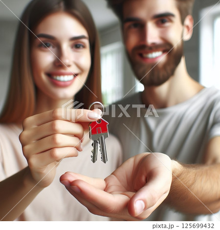 Happy couple holding house keys, symbolizing new homeownership and excitement 125699432
