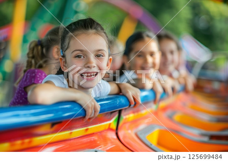 Happy children enjoy a thrilling ride on a colorful amusement park carousel 125699484