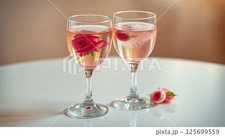 Two beautiful glasses on a colorful background.  A pair of glasses with wine decorated with a rose.AI generated. 125699559