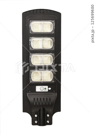 Solar Led Lighting with solar energy panel isolated on a white background. Green energy source. Energy consumption concept. Clipping path. Portable light 125699680