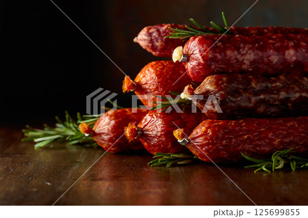 Smoked and dry cured sausages on a old wooden table. 125699855