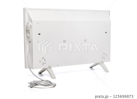 Smart convector heater close-up rear view. Electric panel heating concept. Radiator. Home electric heater isolated on white. 125699873